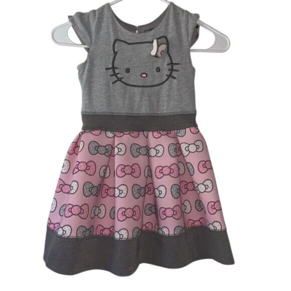 Hello Kitty Girls Dress Size 5 By Sanrio Gray & Pink Bow Print - Picture 2 of 8